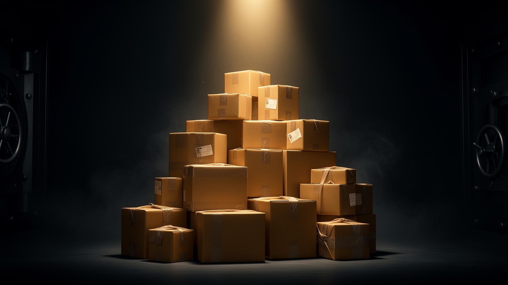 A pyramid of mystery parcels lit by a single golden spotlight inside a dark vault